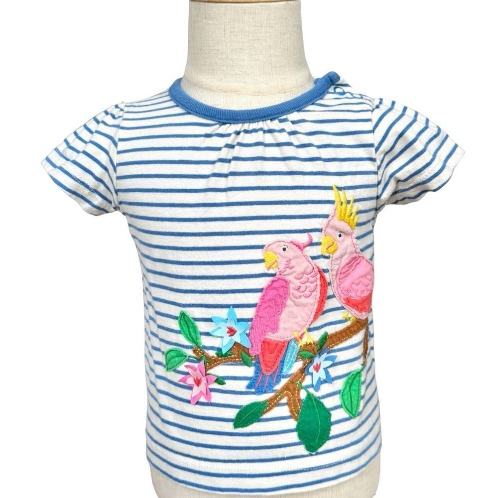 Baby Boden Girls Short Sleeve Striped Colorful Bird Appliqué Tee. 6-9 Months.